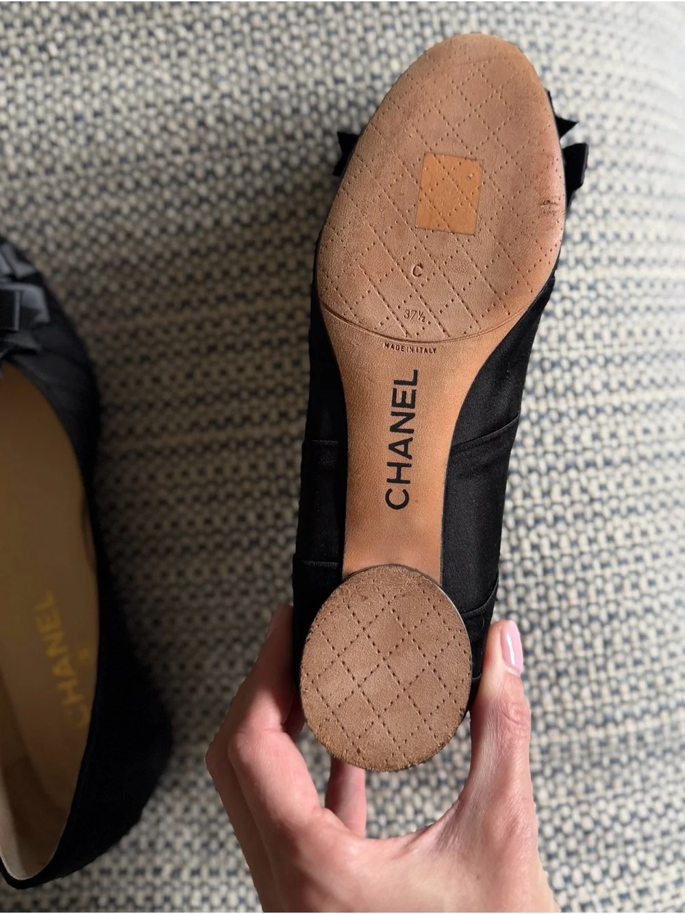 CHANEL Black Satin Peep-Toe Ballet Flats with Bow & Gold CC